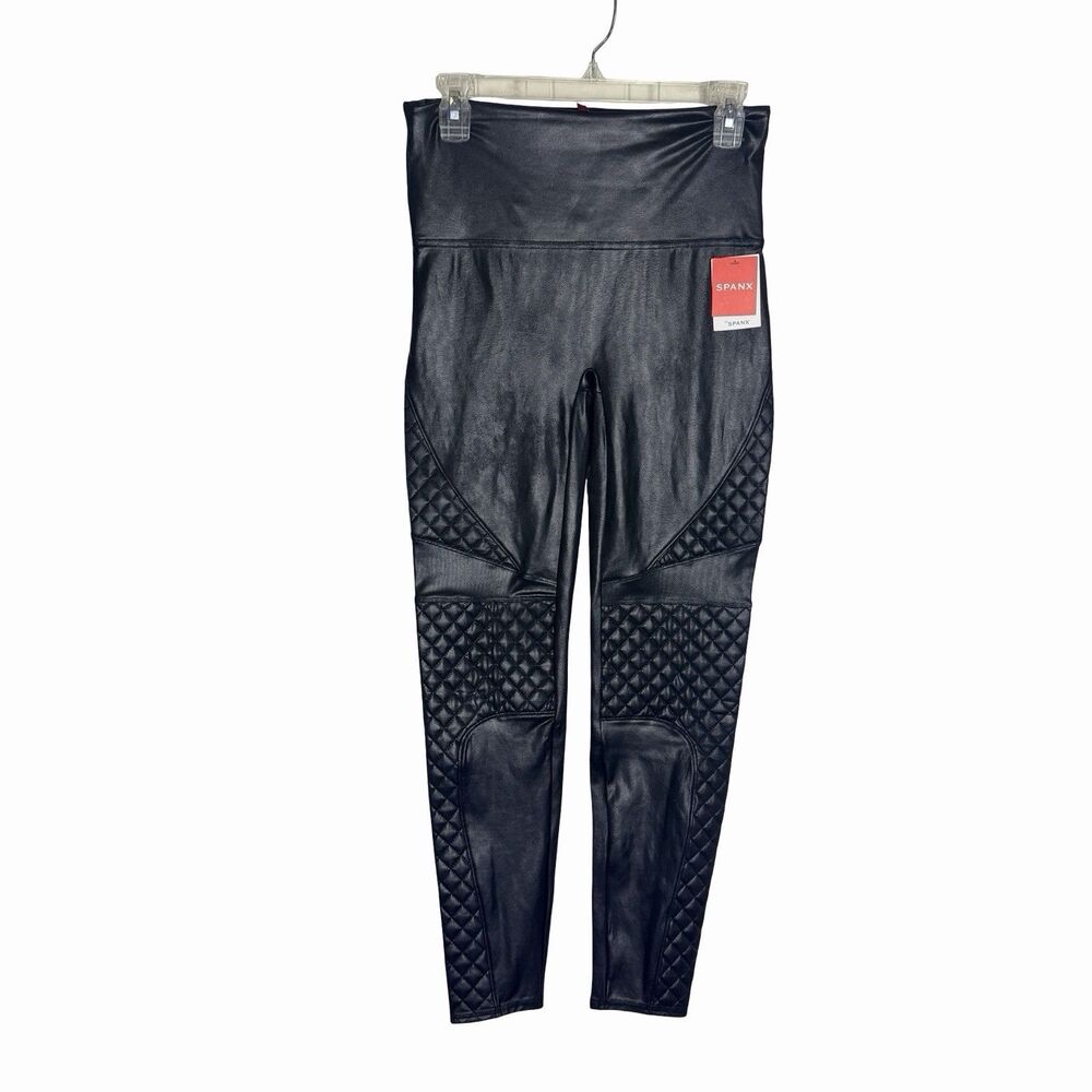 Spanx Pants Women's Size Large Black Moto Full Length Faux Leather Leggings NEW